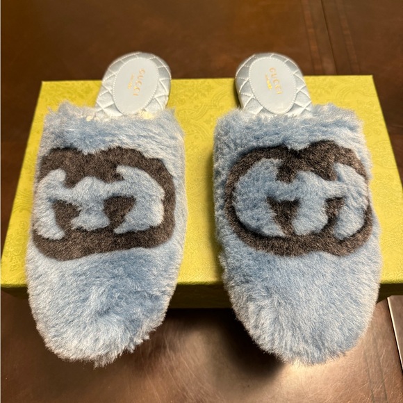 New Gucci GG Faux Fur Slip On Slides Blue Black Size 38 / US 8 - Picture 2 of 15